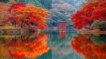 Red Torii Gate Reflecting in Autumnal Lake photo