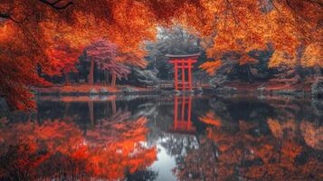 Red Torii Gate Reflecting in a Tranquil Autumn Lake photo