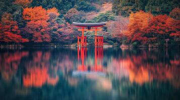 Red Torii Gate Reflecting in Calm Autumn Lake photo