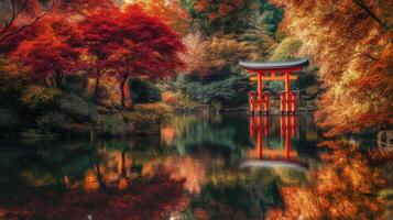 Red Torii Gate Reflecting in Autumnal Pond photo