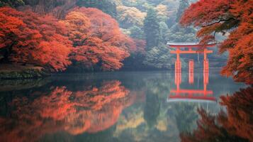 Red Torii Gate Reflecting in Still Water with Autumn Foliage photo