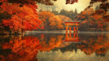 Red Torii Gate and Autumn Foliage Reflected in Calm Water photo
