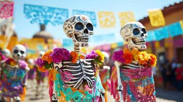Decorated Skeletons with Floral Wreaths During Day of the Dead Celebration photo