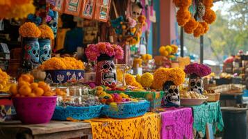 Day of the Dead Altar with Skulls, Flowers, and Offerings photo