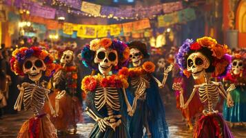 Skeletons in Floral Headdresses and Colorful Garments photo