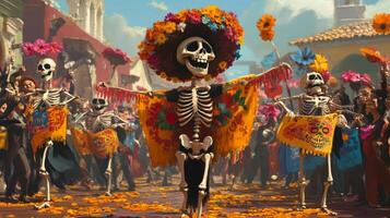A Skeleton in a Flower Crown Leads a Parade of Skeletons and People photo