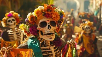 A Skeleton Wearing a Floral Wreath and Holding Orange Fabric During the Day of the Dead Celebration photo