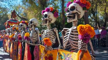 Skeletons Adorned with Flowers in Day of the Dead Celebration photo
