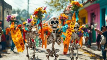 Skeletons Carrying Flowers in a Day of the Dead Parade photo