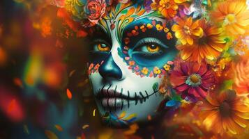 A Woman's Face with Floral Makeup and a Day of the Dead Style photo