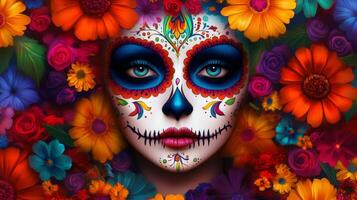 A Woman with Day of the Dead Makeup Surrounded by Flowers photo