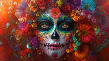 A Woman's Face With Sugar Skull Makeup and Surrounded by Flowers photo