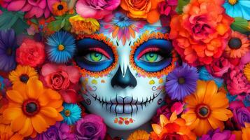 Sugar Skull Face Surrounded by Vibrant Flowers photo