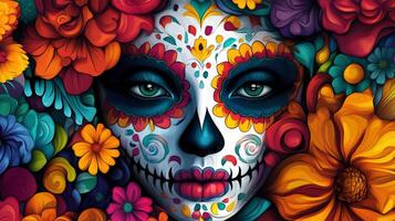 A Close-Up of a Woman's Face with Day of the Dead Makeup Surrounded by Colorful Flowers photo