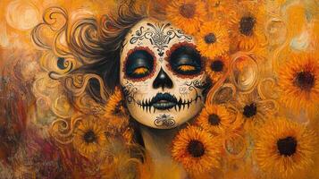 A Painted Portrait of a Woman with Day of the Dead Makeup and Surrounded by Sunflowers photo
