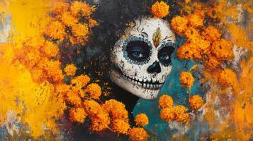 Portrait of a Woman with Sugar Skull Makeup and Marigolds photo