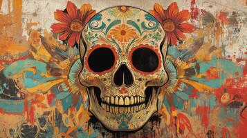Ornate Sugar Skull with Floral Accents Against an Abstract Background photo