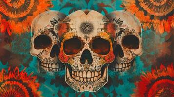 Three Ornate Skulls Surrounded by Watercolor Floral Pattern photo