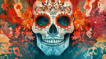 Ornate Sugar Skull with Floral Background photo
