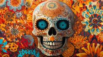 Ornate Sugar Skull with Floral Background photo