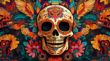 Ornate Sugar Skull with Floral Background photo