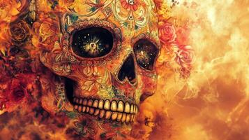 Ornate Sugar Skull in a Watercolor of Roses and Fire photo