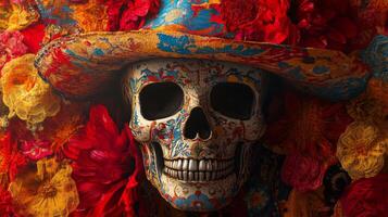 Ornate Sugar Skull with Sombrero Surrounded by Red and Yellow Flowers photo