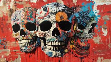 Three Colorful Skulls Painted on a Red Wall photo