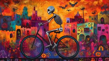 Skeleton Riding a Bicycle Through a Colorful Town photo
