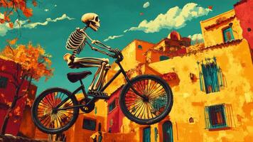 Skeleton Riding a Bicycle in a Colorful Town photo