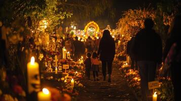 People Walking Through a Cemetery Lit by Candlelight During Day of the Dead photo