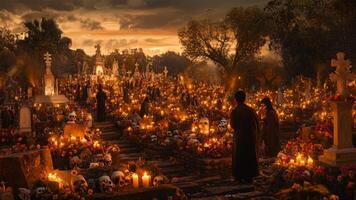 Day of the Dead Celebration in a Cemetery at Dusk photo