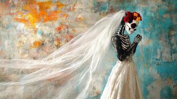 Skeleton Bride in White Veil and Floral Wreath photo