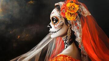 A Woman in a Veil with Sugar Skull Makeup and Flowers photo
