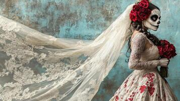 Bride with Sugar Skull Makeup and Red Roses photo