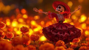A Skeletal Figure in a Red Dress Dances Amidst Marigolds photo