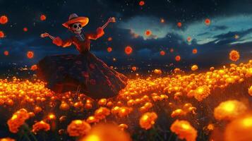 A Skeleton Woman in a Dress Dancing in a Field of Marigolds photo