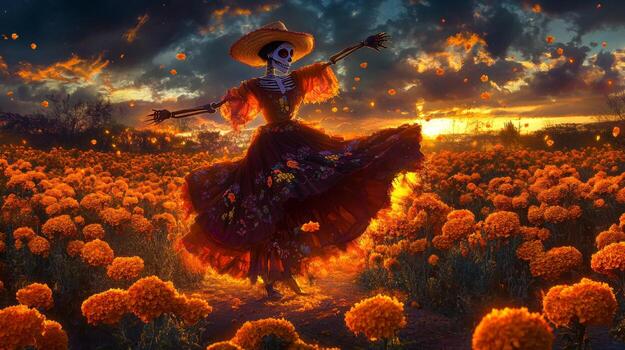 un esqueleto vestido en un fluido vestido bailes en un campo de caléndulas debajo un puesta de sol cielo foto
