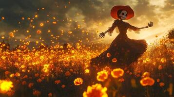 A Skeleton Figure in a Black Dress Dancing Amidst a Field of Marigolds photo