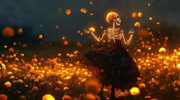 Skeleton in a Dress Dancing in a Field of Flowers photo