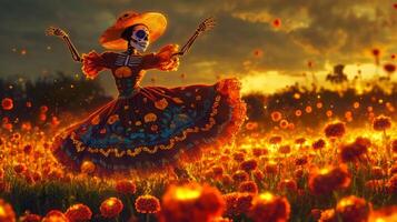A Dancing Skeleton in a Field of Orange Flowers at Sunset photo