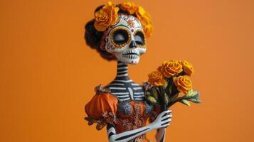 Day of the Dead Skeleton Figurine with Marigold Flowers photo