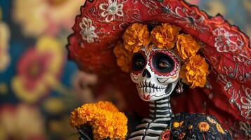 A Close-Up of a Day of the Dead Skeleton Figure with Marigolds photo