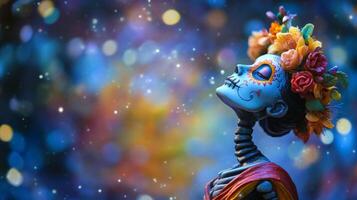 Sugar Skull Figurine with Flower Crown Against a Bokeh Background photo