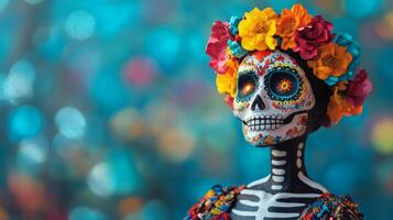 Day of the Dead Skull Decorated with Colorful Flowers photo