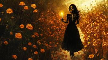 A Skeleton Woman Walks Through a Field of Yellow Flowers Holding a Candle photo