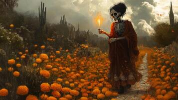 Skeleton Woman with a Candle Walking through a Field of Orange Flowers photo