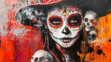 A Woman with Sugar Skull Makeup and Skulls Surrounding Her in an Abstract Mural photo