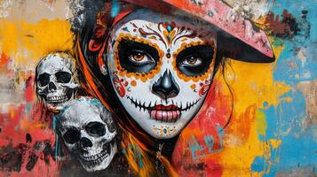 A Colorful Mural Depicting a Woman with Day of the Dead Makeup and Skulls photo