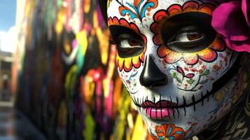 Close-up of a Woman's Face with Day of the Dead Makeup and Pink Flower photo